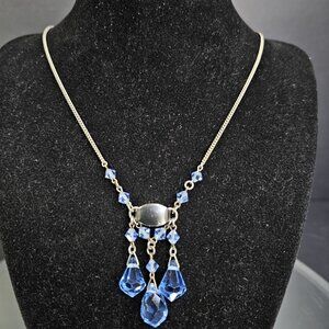 Vintage Blue Glass Crystal Drop Necklace 16 Inches With Chain